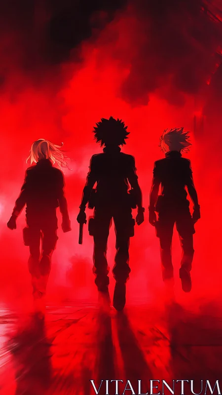 Cinematic anime trio in red backlit atmospheric silhouette.