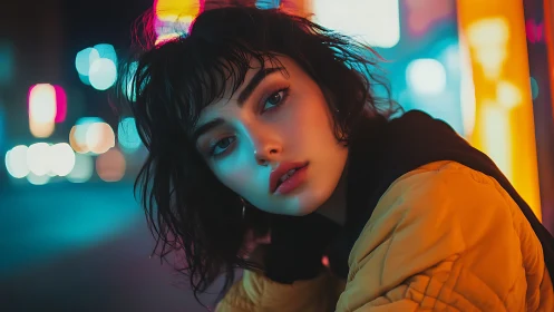 Woman leans toward camera in neon city street at night