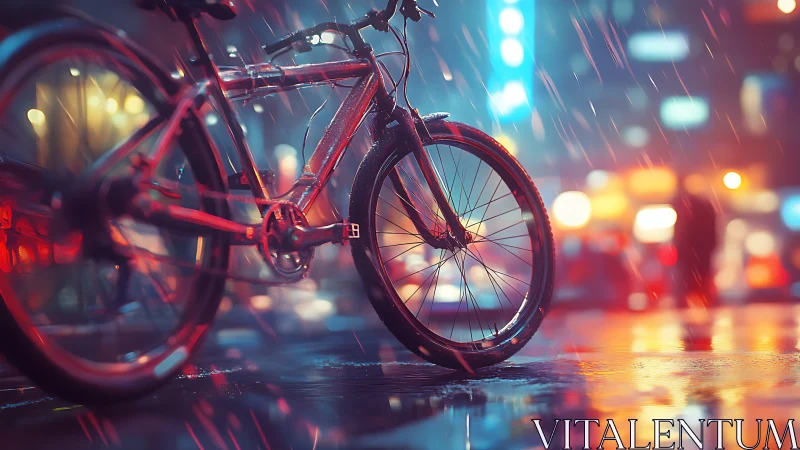 Red bicycle in rainy urban nightscape with bokeh lighting and wet reflective surfaces
