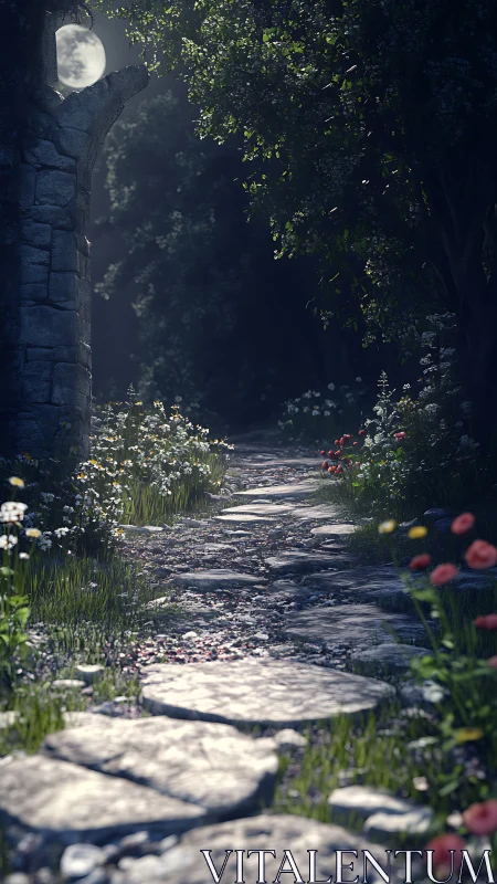 Moonlit stone path through overgrown forest ruins at night.