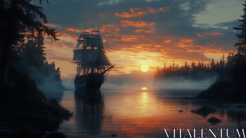 Tall ship crosses misted inlet under burning sunset sky