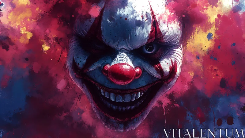 Sinister clown portrait in explosive neon paint storm.
