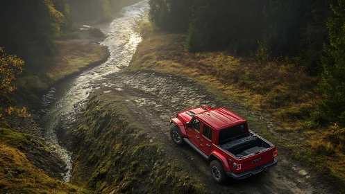 Red pickup truck drives on rocky forest trail above river