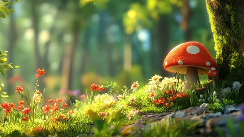 Digital forest scene with red mushrooms and ground flora.