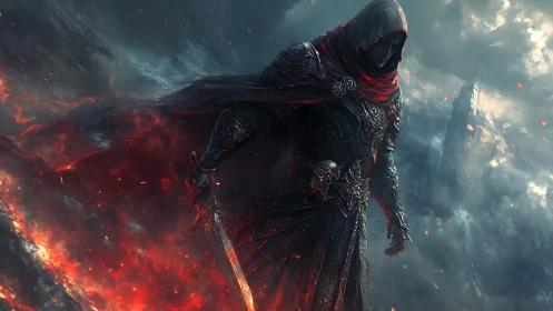 Hooded infernal knight strides through molten stormscape.