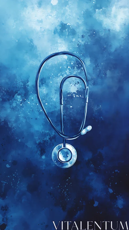 Stethoscope silhouette on deep abstract blue wash background.