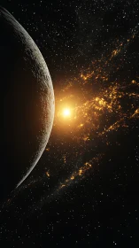 Planetary terminator arcs toward bright star in deep space