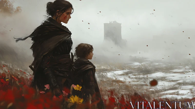 Two cloaked wanderers confront a misty battlefield of memory