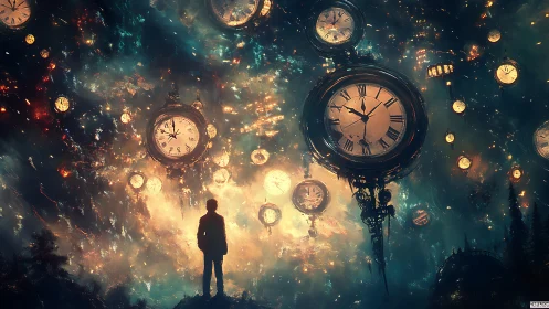 Clocks drift like galaxies while a lone dreamer watches