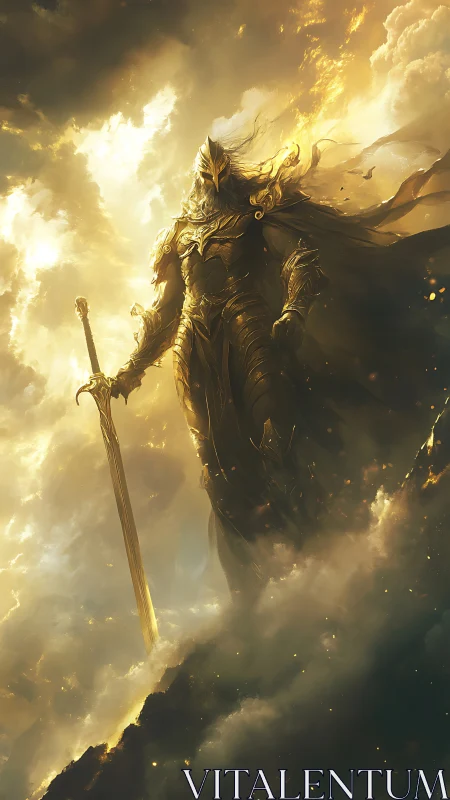 Radiant celestial knight stands guard above burning clouds
