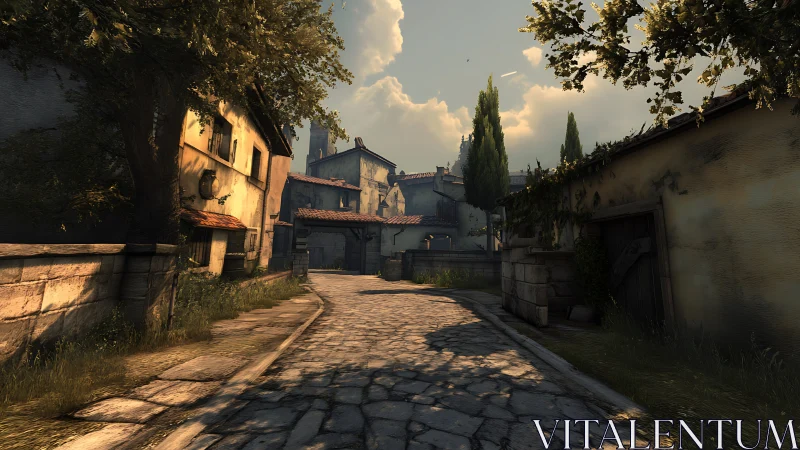 Sunlit cobblestone lane winding through a sleepy village.