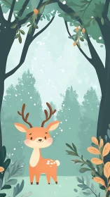 Cervid in Frosted Forest: Geometric Landscape with Illustrative Character.