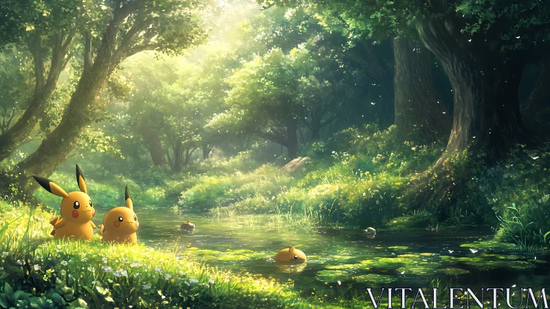 Pikachu Rest by Forest Stream in Sunlit Glade