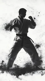 Karate fighter silhouette holds strong fighting stance