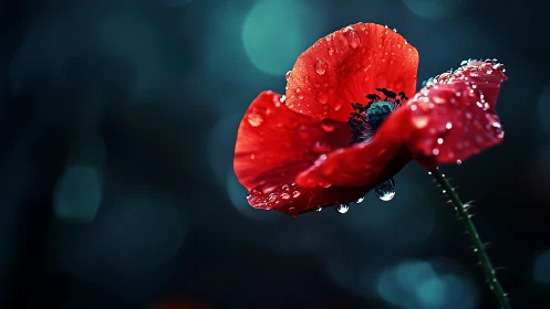 High-contrast macro of dew-covered red poppy against teal bokeh