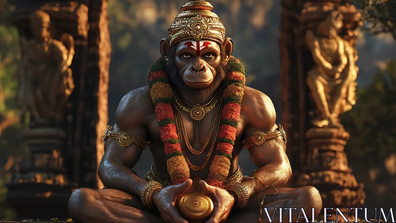 Serene monkey guardian in temple light holding a golden orb.