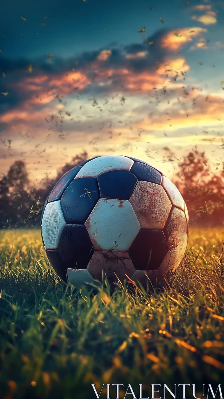 Soccer ball resting on grassy field under sunset sky.