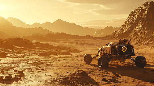 Solar rover explores vast golden alien desert at dusk.