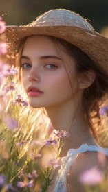 Young woman in straw hat among wildflowers at sunset.