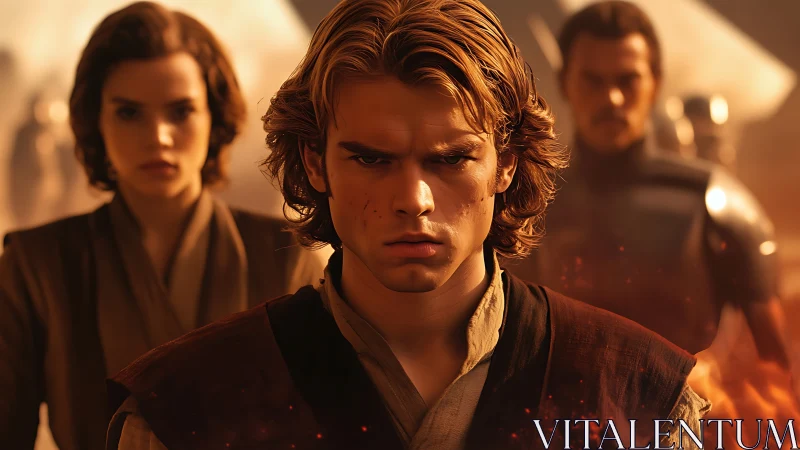 Defiant young warrior in molten cinematic battlefield light.