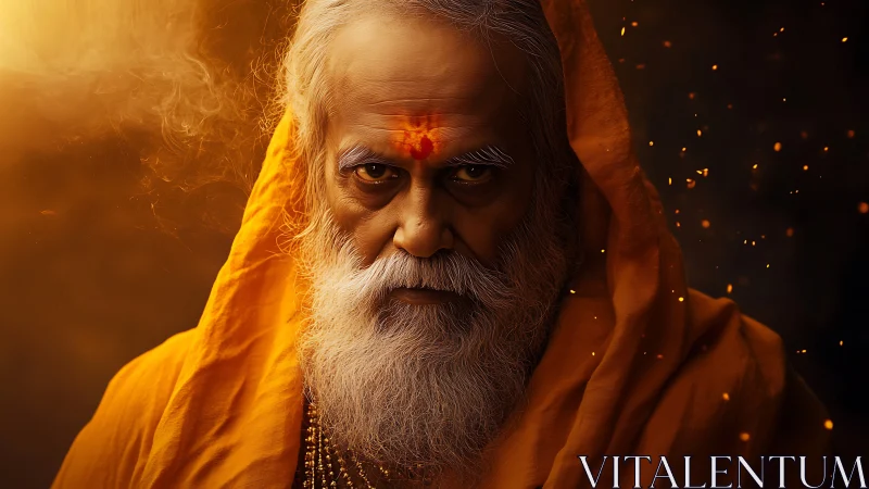 Mystic elder portrait in ember-lit saffron drapery focus.