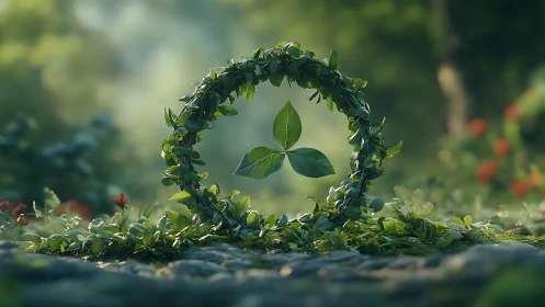 Lush Green Leaf Wreath in Sunlit Forest Setting, Photorealistic Style.