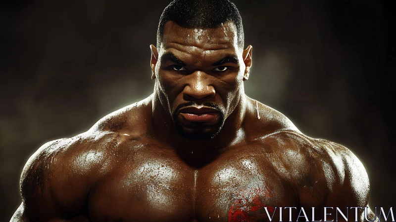 Intense muscular fighter portrait under dramatic lighting.
