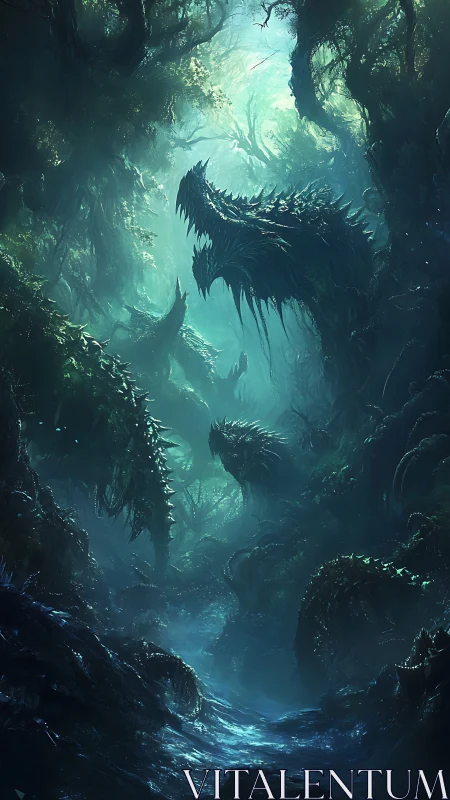 Feral thorn-serpents coil through a luminous abyssal jungle.