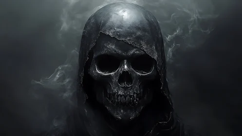Volumetric-lit hooded skull emerges from dense atmospheric smoke