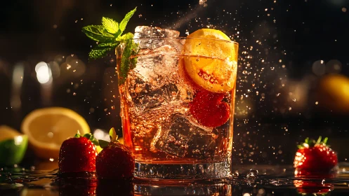 Premium cocktail with citrus garnish and strawberries.