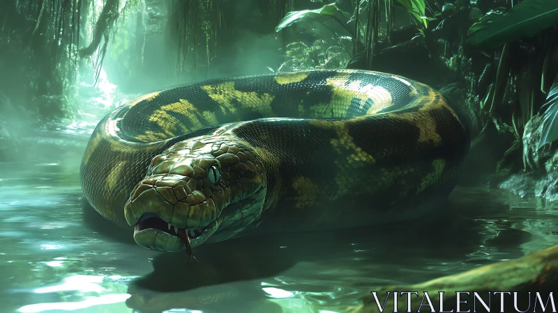Giant anaconda coiled in misty jungle swamp water.