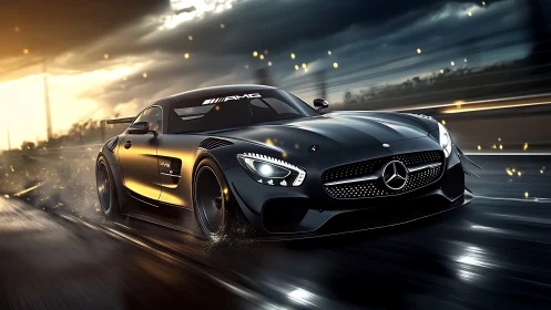 Midnight Mercedes AMG supercar slicing through rain-soaked track.