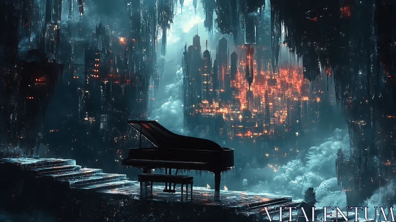 Midnight piano composes neon hymns for a cavernous city