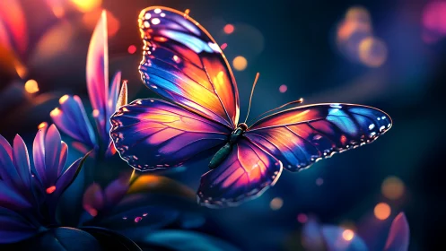 Luminous butterfly over neon flowers in dreamy twilight garden.