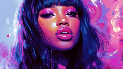 Vibrant neon portrait captures confident woman in bold close-up