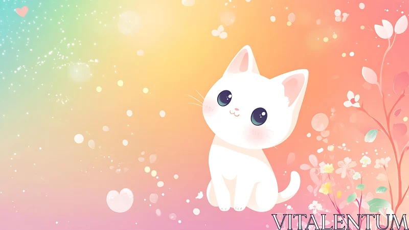 White cat illustration with gradient pastel background and decorative florals