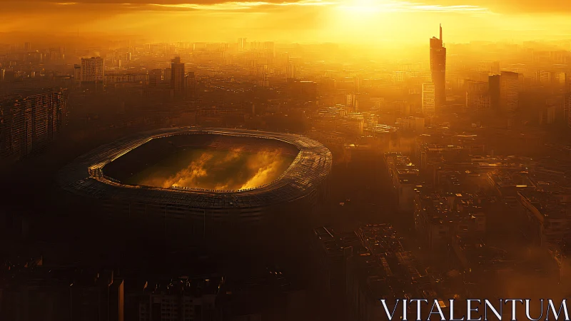 Sunlit city stadium glowing softly in the golden haze.