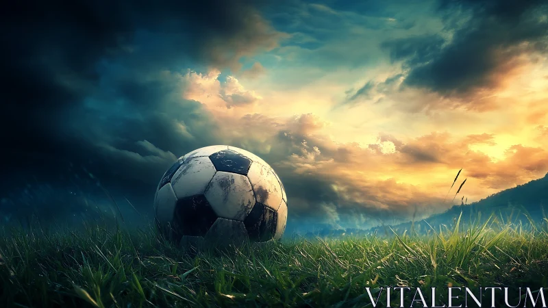 Weathered soccer ball on dewy grass under dramatic sunset sky