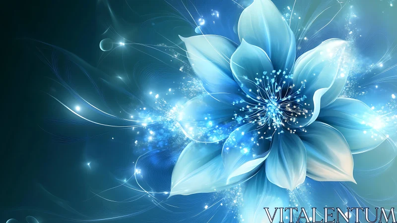 Digital blue flower illustration with glowing abstract light.