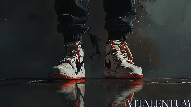 High-top sneakers on reflective wet floor in low light.