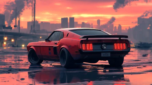 Red muscle car waits on wet industrial road at sunset