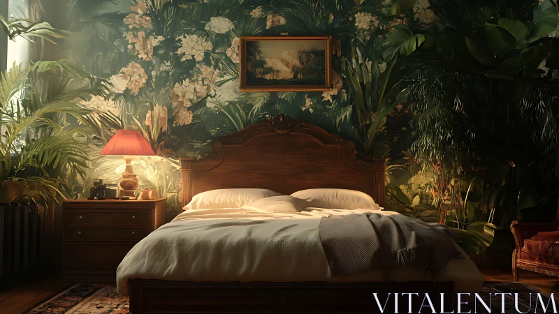 Photoreal botanical bedroom with carved wood centerpiece.