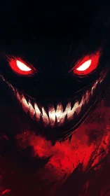 Demonic visage emerges from darkness with blazing red eyes