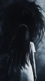 Digital painting of girl before voidlike shadow portal wall.