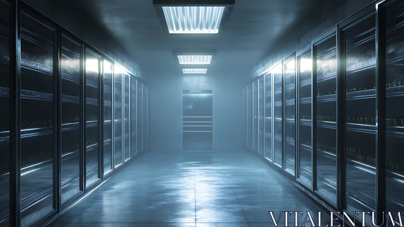 Futuristic refrigerated aisle glows under cold white lights.