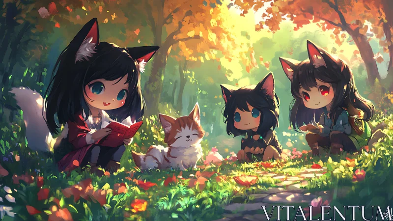 Fox-eared chibi friends share a story in a glowing forest.