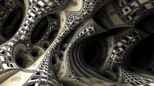 Complex fractal tunnel architecture with curved lattice surfaces.