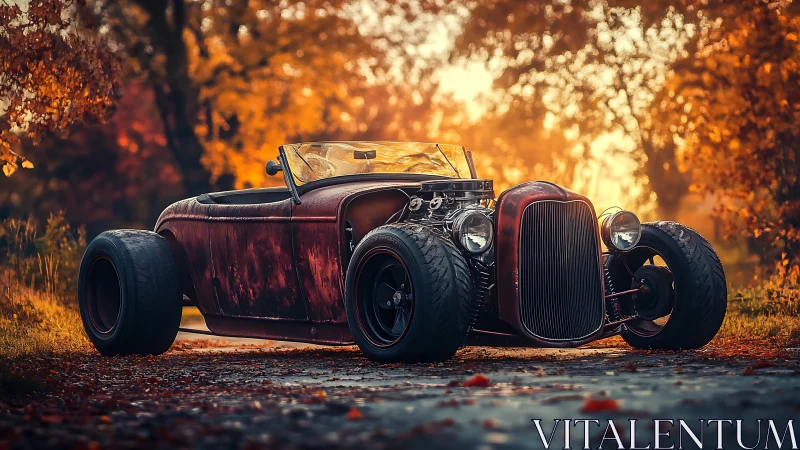 Custom hot rod roadster under golden autumn trees.
