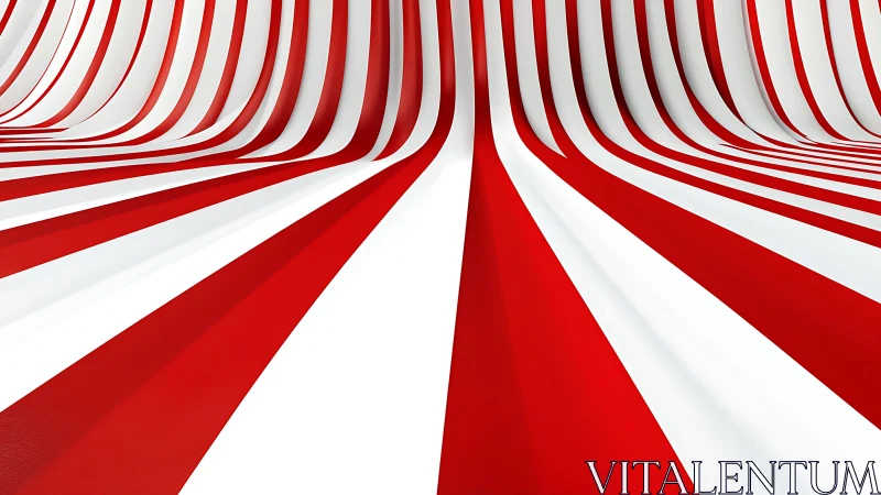 Red and white curved parallel stripes in abstract tunnel.