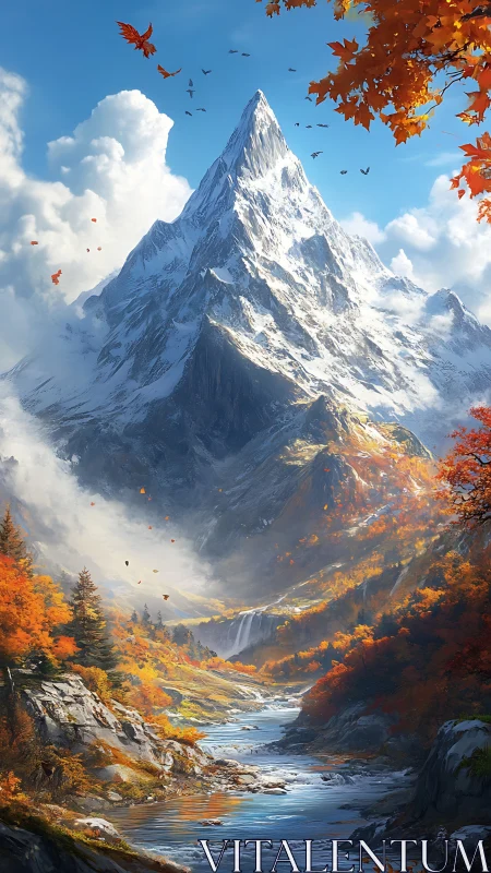 Autumnal alpine massif with glacial peak and fluvial corridor.